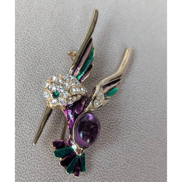 Vintage Signed LP Gold Tone Enamel Cabochon Rhinestones Hummingbird Brooch - Picture 4 of 9